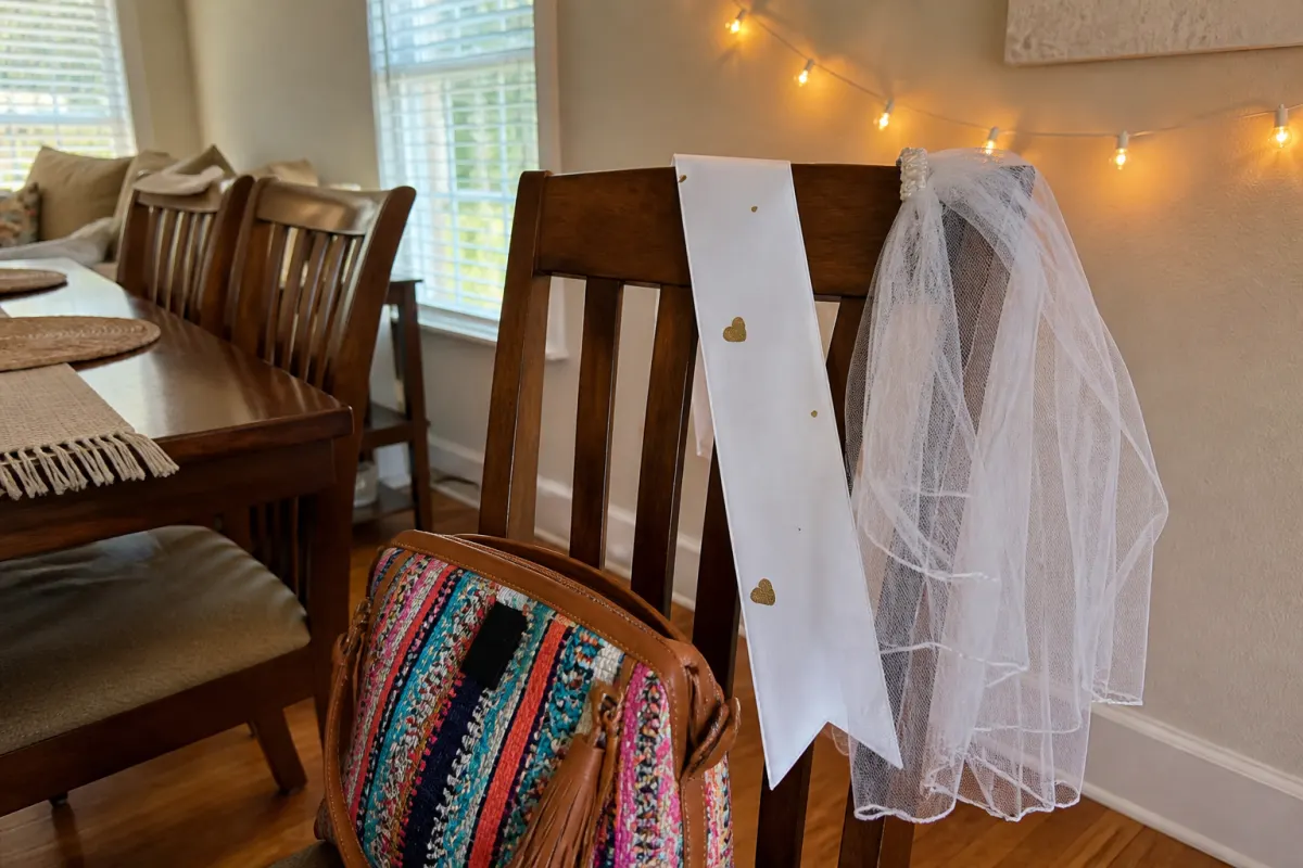 A bride sash and veil on the back of a chair
