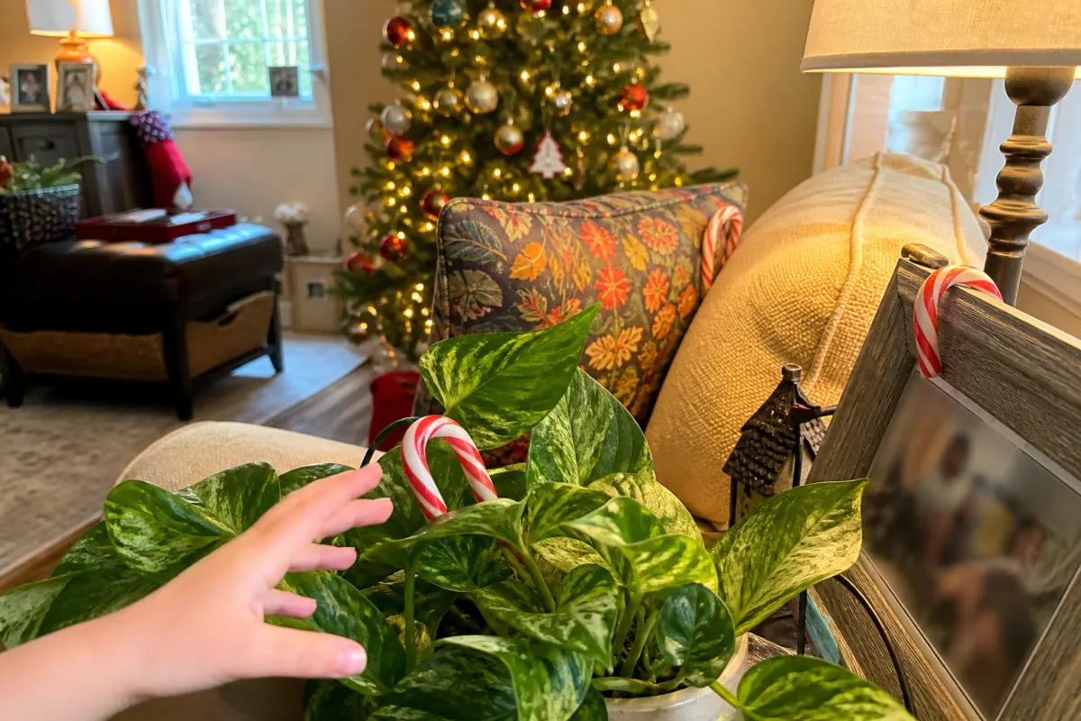 Candy canes hidden around a living room for a Christmas hunt