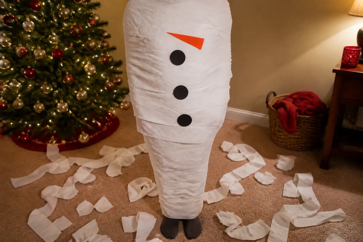 A person wrapped in toilet paper as a snowman during a family game