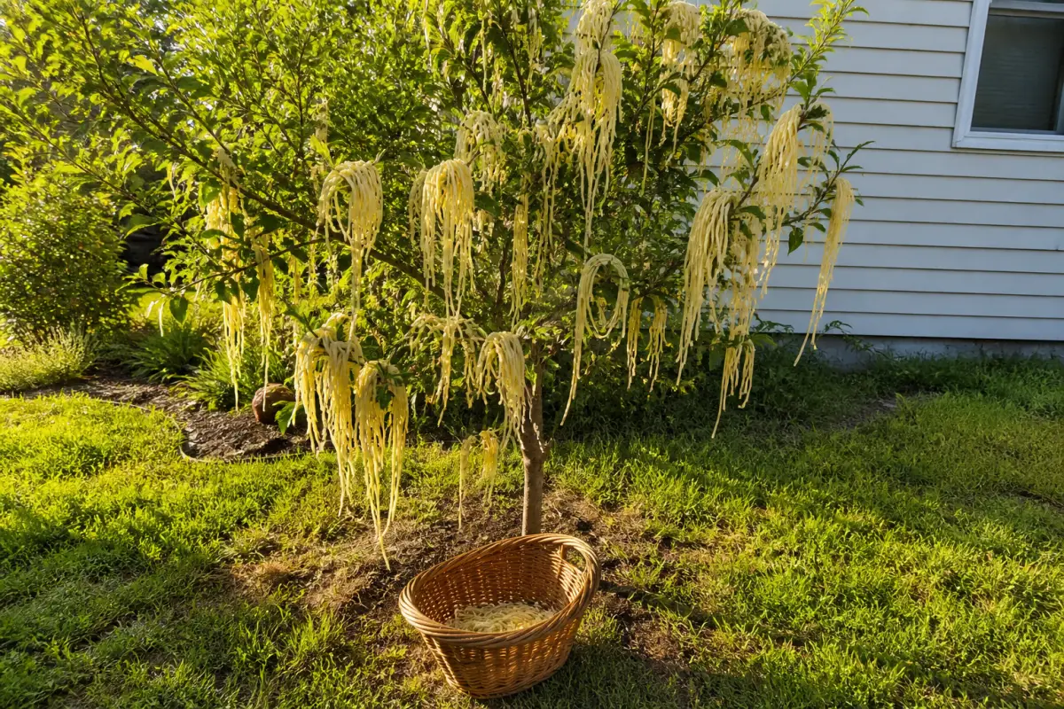 Spaghetti draped over the branches of a tree
