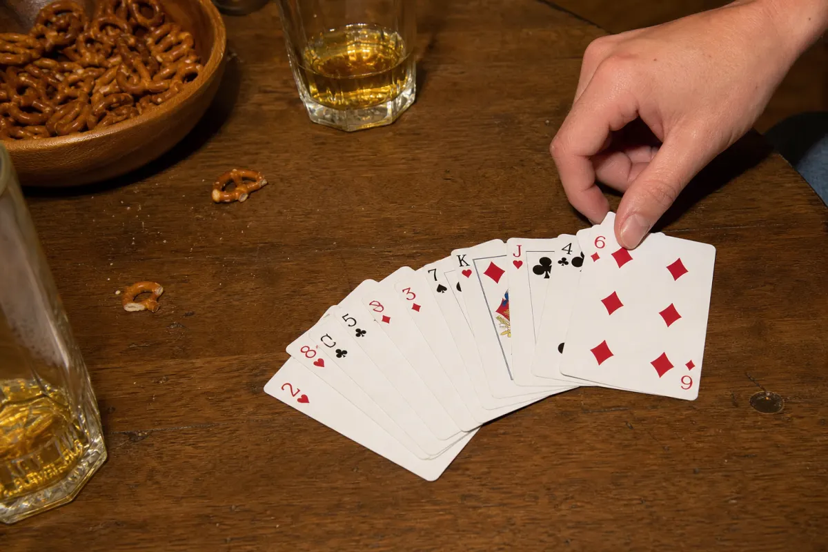 A deck of cards fanned out on a table at a party
